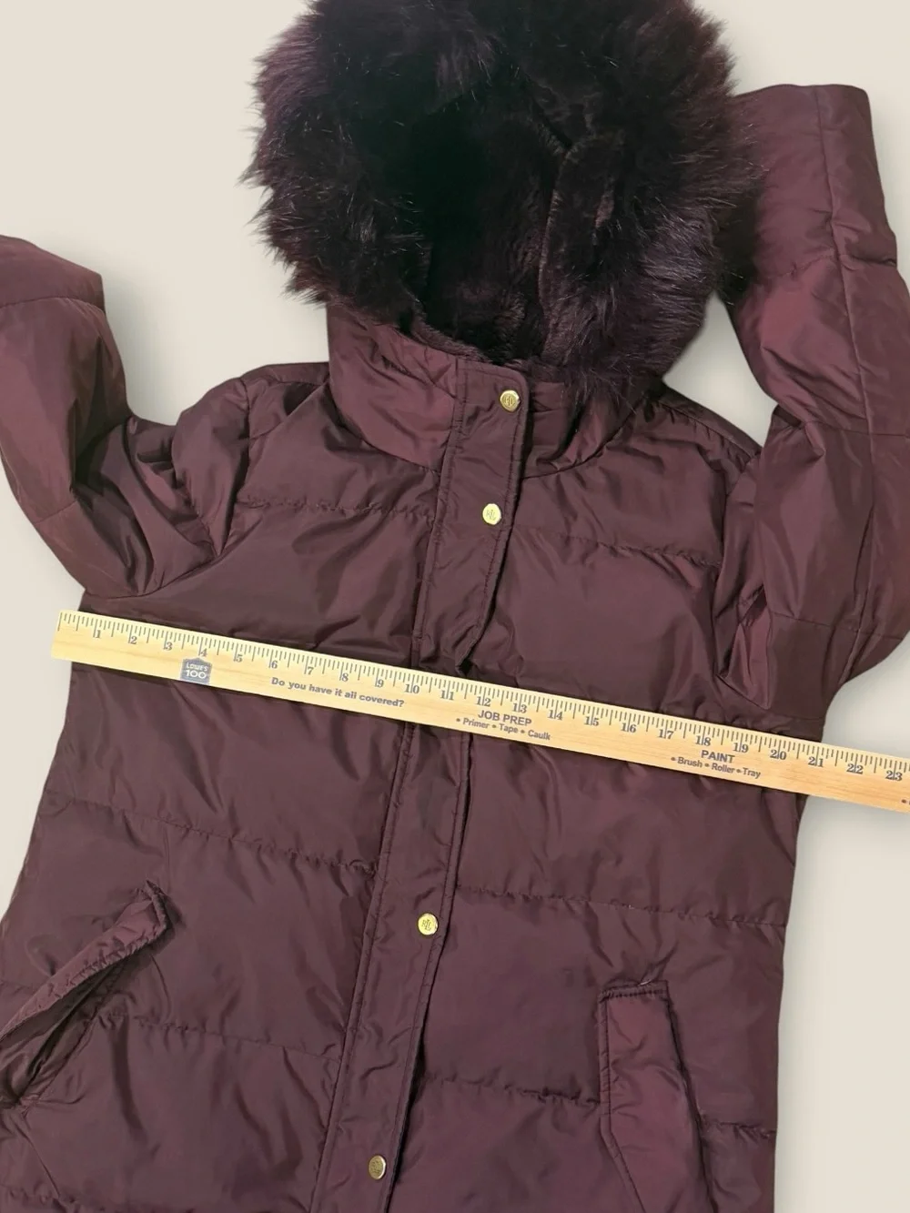 Ralph Lauren Deep Plum Long Puffer Coat with Faux Fur Hood Medium